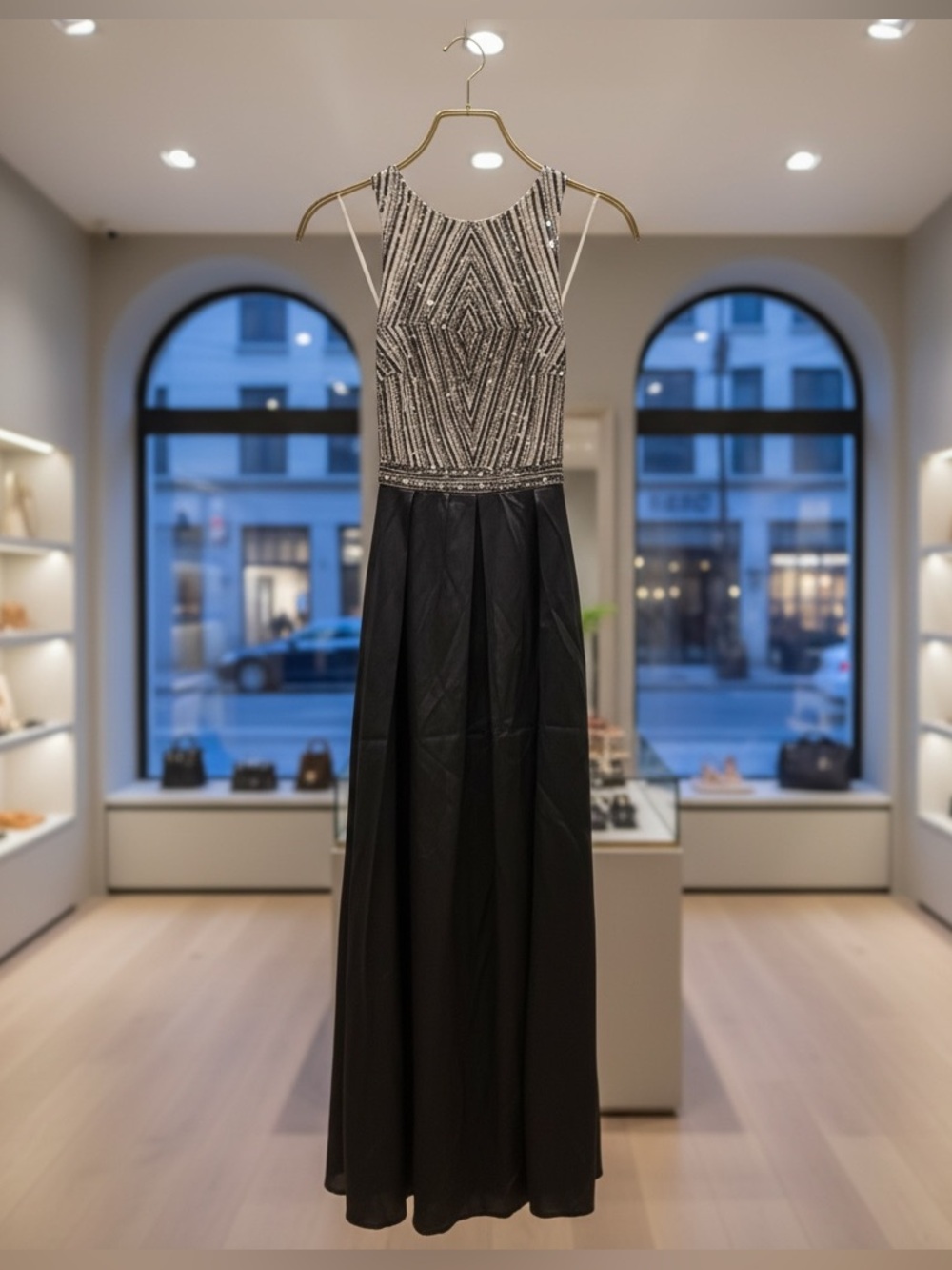 Aidan Mattox Grey Gown with Silver Beaded Bodice